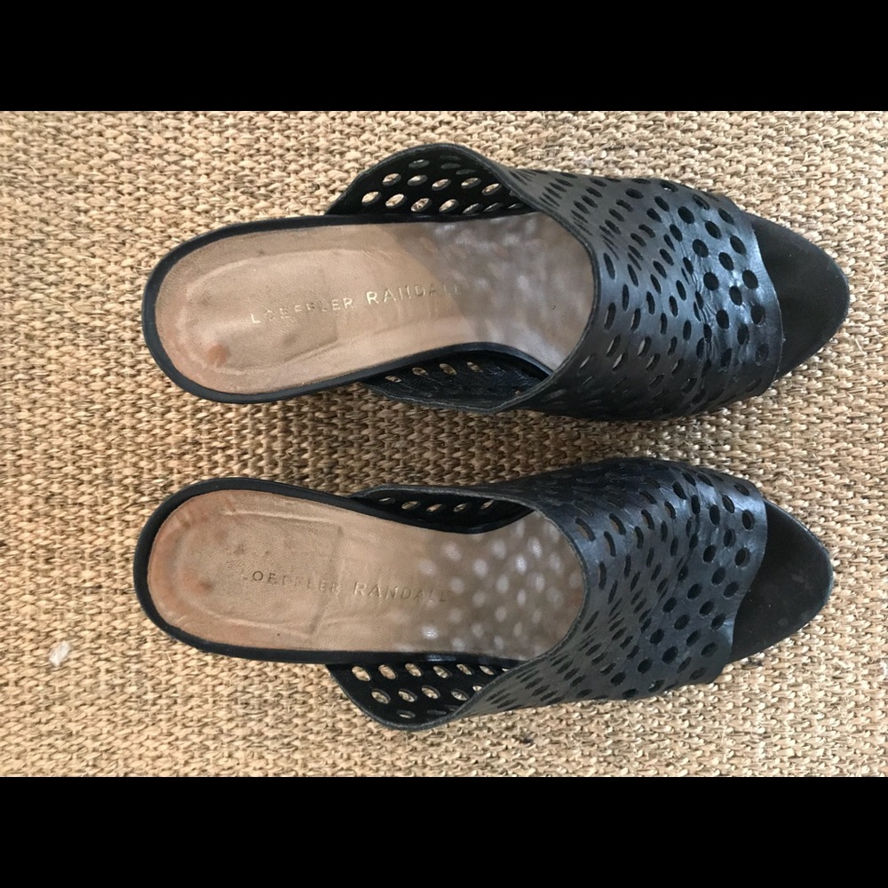 Black leather Loeffler Randall perforated mules
